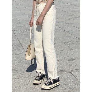 【CN】顯瘦直筒抽鬚牛仔杏色牛仔褲．下著