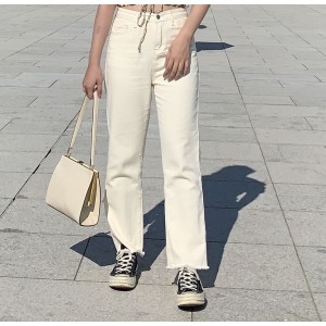 【CN】顯瘦直筒抽鬚牛仔杏色牛仔褲．下著